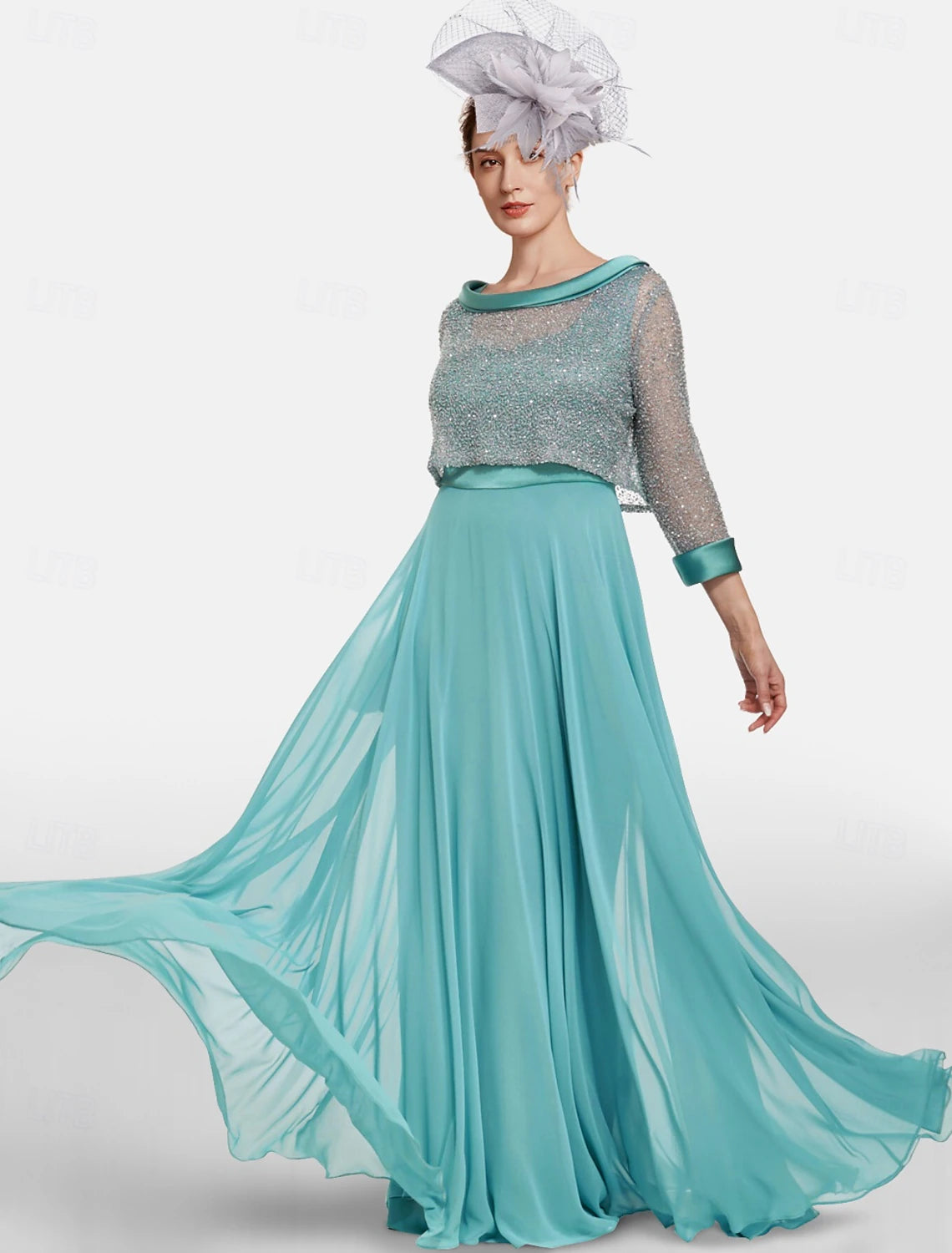 Buyishang Two Piece A-Line Mother of the Bride Dress Elegant Jewel Neck Floor Length Chiffon Lace 3/4 Length Sleeve Wrap Included Jacket Dresses with Solid Color free custom size